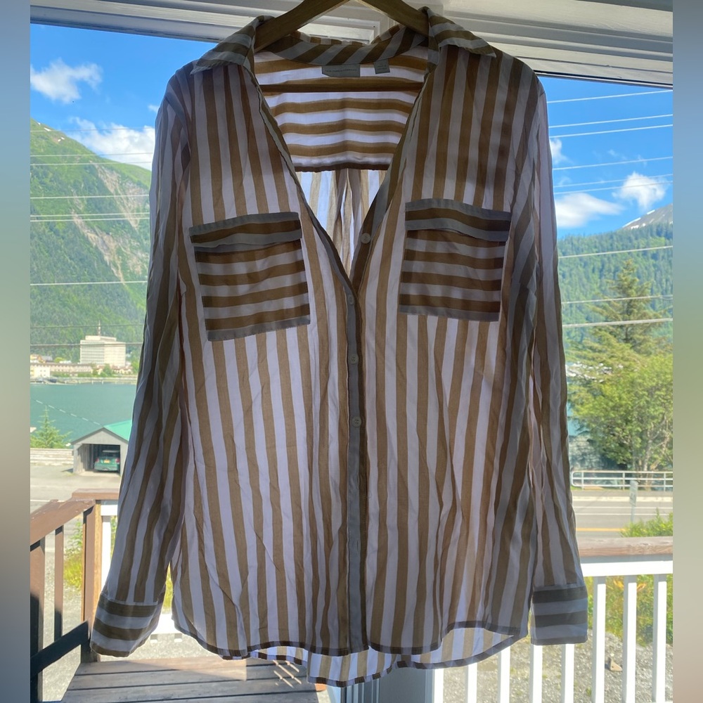 New York & Company Tan and White Striped Shirt Size XL